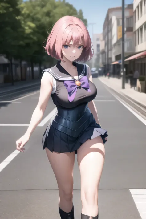 can you draw the details of a woman in a sailor moon costume，white sleeveless，black pleated micro mini skirt around the neck，black boots，purple panties，Beautiful legs，A face is absolutely necessary，animated CG，pink hair at the root，short hair，can you draw ...