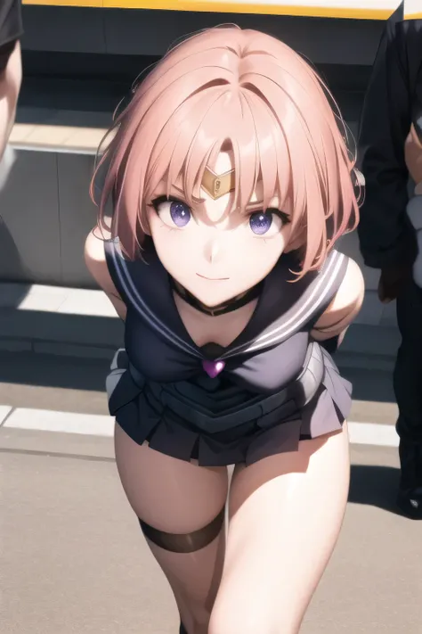 can you draw the details of a woman in a sailor moon costume，white sleeveless，black pleated micro mini skirt around the neck，black boots，purple panties，Beautiful legs，A face is absolutely necessary，animated CG，pink hair at the root，short hair，can you draw ...