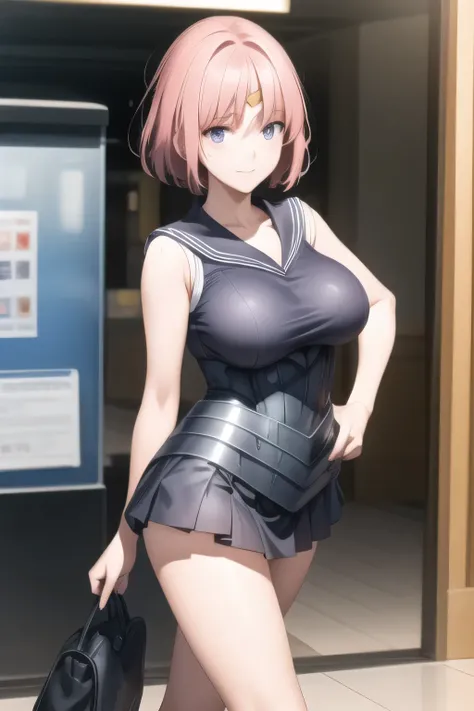 can you draw details of a woman in a sailor moon costume，Thigh to Head，Black pleated micro mini skirt around the neck，black boots，purple panties，beautiful legs，Big Breasts，Big Breastsを最大に描けますか，face is absolutely necessary，Animated CG，pink hair at the root，...