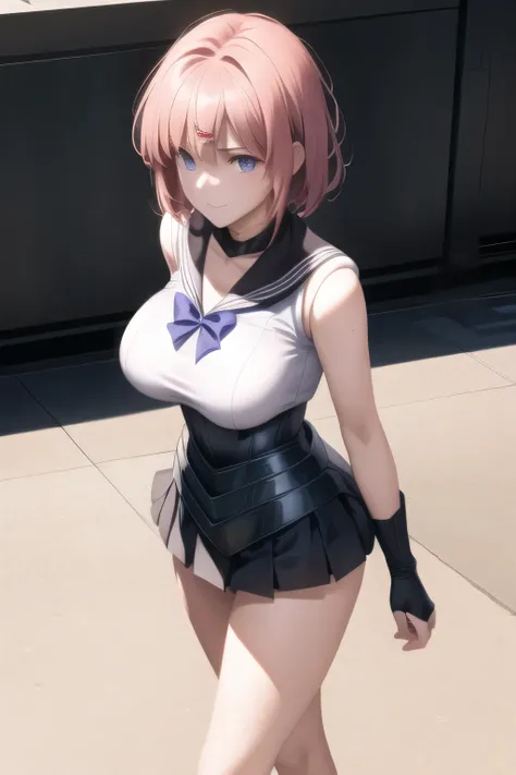 can you draw details of a woman in a sailor moon costume，Thigh to Head，Black pleated micro mini skirt around the neck，black boots，purple panties，beautiful legs，Big Breasts，Big Breastsを最大に描けますか，face is absolutely necessary，Animated CG，pink hair at the root，...