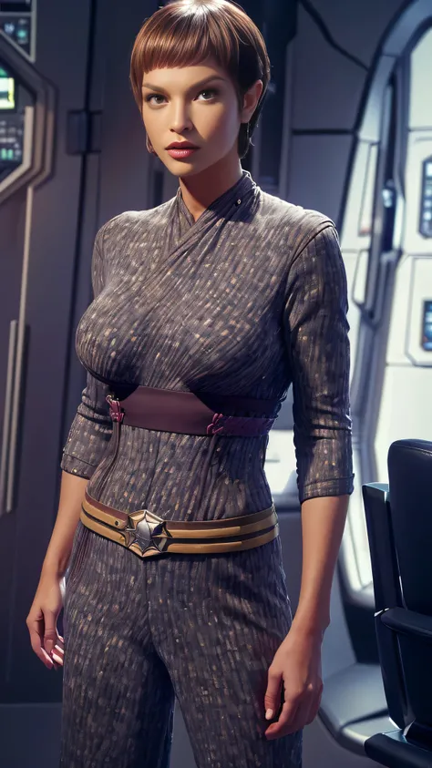 photo of jolene blalock, T-pol from  star trek, RAW, beautiful woman, ((portrait)), ((detailed face:1.2)), ((detailed facial feature, detailed skin, clear skin), short hair, pixy hairstyle, (perfect proportioned body, skinny, large breasts), ((she wears an...