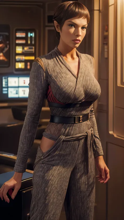photo of jolene blalock, T-pol from  star trek, RAW, beautiful woman, ((portrait)), ((detailed face:1.2)), ((detailed facial feature, detailed skin, clear skin), short hair, pixy hairstyle, (perfect proportioned body, skinny, large breasts), ((she wears an...