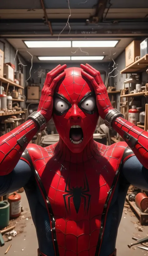 A hyper-realistic, ultra-detailed 8K cinematic close-up shot of Spider-Man, fully suited and masked, standing in front of an old, open garage. The frame is zoomed in to focus on his upper body and exaggerated shocked expression — hands on his head, eyes wi...