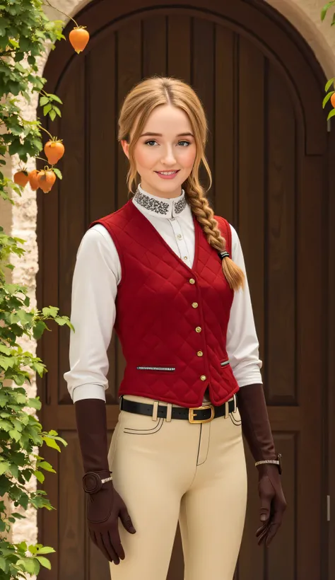 Kaitlyn Dever as Calico, X-men, beautiful young woman, standing confidently, in front of a stone archway, riding academy, long blond hair tied in a ponytail, piercing eyes, friendly smile, stylish red quilted vest over a white riding shirt, high-waisted cr...