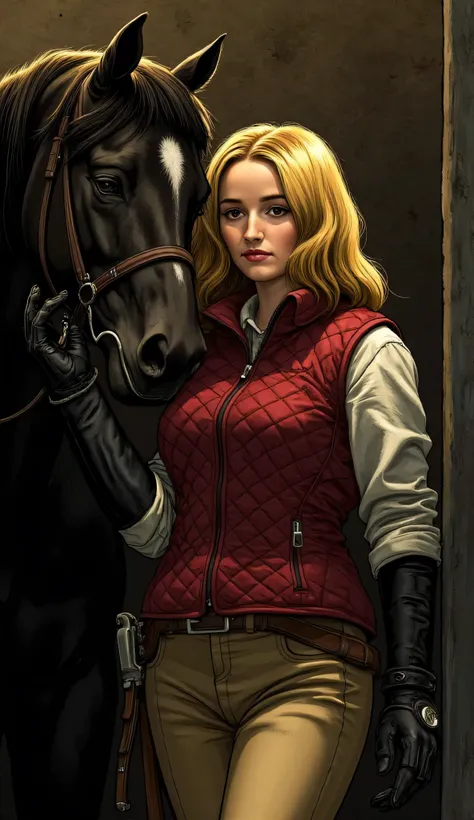 Kaitlyn Dever as Calico, X-men, dramatic comic book illustration, young blonde woman, standing beside a dark horse, shoulder-length hair, crimson quilted vest, beige riding pants, black belt with a silver buckle, long dark gloves, intense and serious expre...