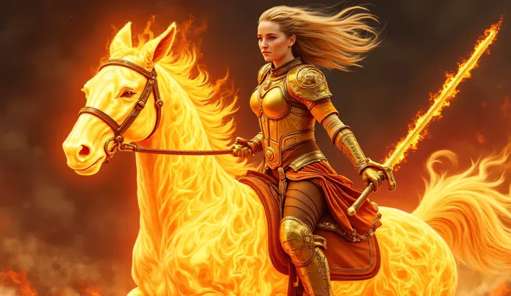 Kaitlyn Dever as Calico, X-men, powerful fantasy comic book scene, blonde female warrior, riding a blazing fire horse, golden armor made of living flames, hair swept back by the heat, fierce and commanding expression, one hand wields a flaming longsword, t...