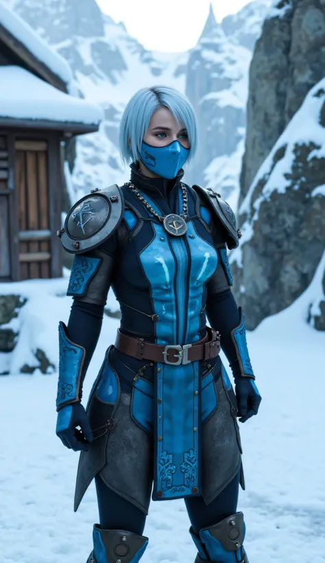 Kaitlyn Dever as Frost, Mortal Kombat, striking digital illustration, fierce ice warrior, standing, snowy mountain village, short icy-blue hair, piercing blue eyes, partially covered face  with a sleek futuristic blue mask, form-fitting dark and ice-blue c...