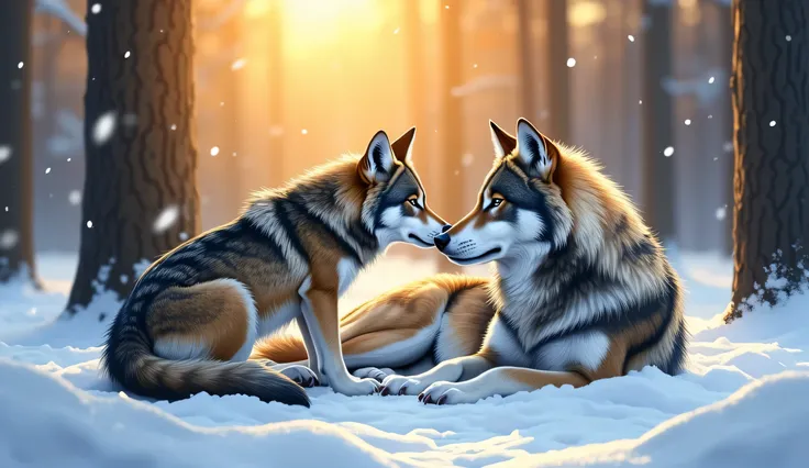 A 2.5-year-old beautiful female Indian grey wolf gently nuzzling the still face of a 3-year-old majestic male Indian grey wolf lying motionless in a quiet snow-covered forest clearing at dawn... Her posture is desperate yet gentle — one paw resting against...