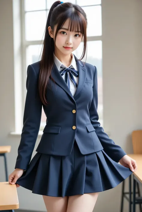 from below，at an angle from below，色気ある長い脚のSmall Facesな女子高生をリアルに写真撮影する，Sexy High School Girl Uniform、blazer uniform、格子柄のpleated micro mini skirt、pleated micro mini skirt、big boobs，((Thin white knee-high stockings))、((lifts his skirt))，((masterpiece))，((phot...