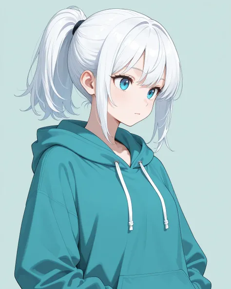 white hair, blue eyes, ponytail, Turquoise hoodie, girl, No background