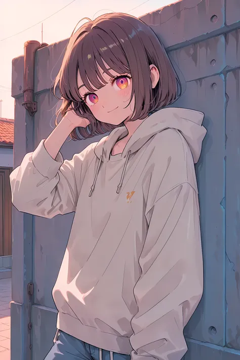 A twelve-year-old boy with slightly messy dark brown bob hair and clear, kind eyes. A small dimple appears on his left cheek when he smiles. He wears a light gray hooded jacket and faded blue jeans. He has a slim, small, and delicate body. On the school ro...