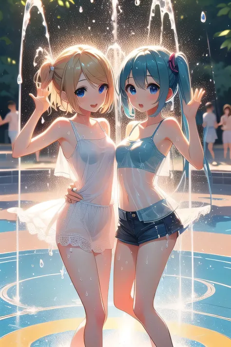 ((best quality)), ((masterpiece)), (detailed),2 girls。Kagamine Rin。Hatsune Miku。The golden ratio。Midsummer Park。 playing in the water。see-through。wet clothes。squirt。2 people frolicking。fun。(((looking viewer))), (((splash pad))), ((spray water)), ((wet body...