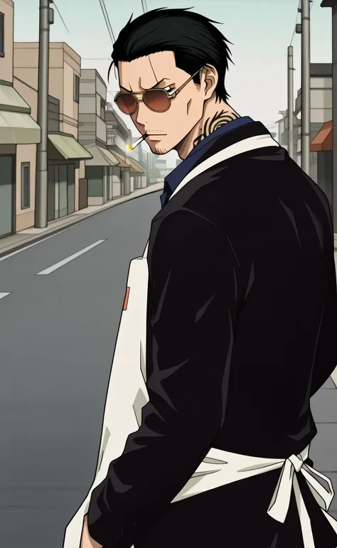 1male,solo,Tatsu,black hair,short hair,slicked back hair,black eyes,sun glasses,blacksuit,navy blue shirt,white kitchen apron,japanese tattoo,yakuza,leen muscle,street,smoking,1ciggarette,Sakamoto Days Anime Style