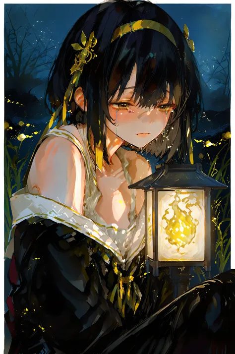 Gadis usia 18 tahun,short black hair shoulder border. Has headband accessories. Has a small mole under the right eye, wears japanese school uniform, flying a yellow flame lantern, dreamy crying expression, night atmosphere with fireflies, background di pin...