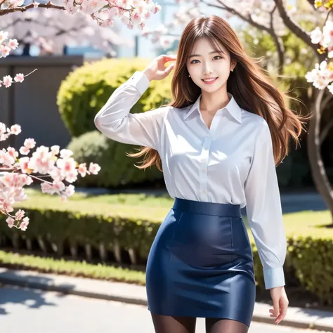 (masterpiece,best quality: 1.4),(8k,raw photo,photo realistic:1.2),shiny skin, detailed skin,detailed face,detailed eyes,Japanese idol,beautiful face,cherry blossom trees, under cherry blossom trees, one beautiful woman, beautiful Japanese woman, well-deve...