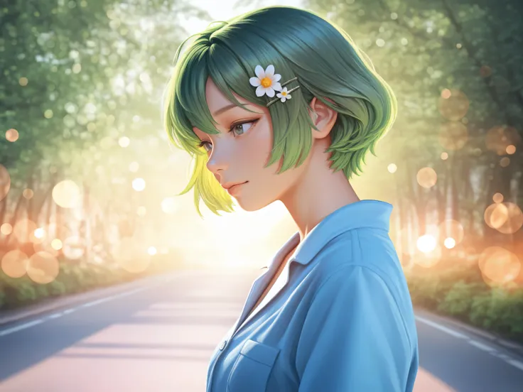 womanhood,  green hair, short hair, Street, Summer Sun, flower hairpin, cool outfit, 4K, high res, Realistic, HDR, studio lighting with dazzling sunlight, details, Professional, bright colors, Bokeh, Lush, nature,  clear, Bright, grace, delicate, soft