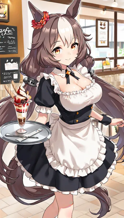 ((top quality, masterpiece, high resolution)), 1 girl, yamanin zephyr\(umamusume\), (Horse Tail), Maid喫茶, cafe, Maid服, Maid, Smile, Smile Yan, Cleavage, standing, Carrying a parfait on a tray, (Katyusha in front of the ear)