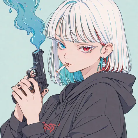 ((solo, anime))、((womanhood)), viewers, laughs happily, long white hair, gradation hair tips are turquoise blue, side hair arrangement、Put your hair together on the right、((Heterochromia, my left and right eyes are different colors、Red Eyes, blue eyes)), (...