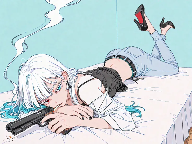 HIGH DEFINITION, 4k, 8k, 16k, ((solo, anime))、((womanhood)), viewers, laughs happily, long white hair, gradation hair tips are turquoise blue, ((Heterochromia, my left and right eyes are different colors、Red Eyes, blue eyes)), ((My eyelashes are white, whi...