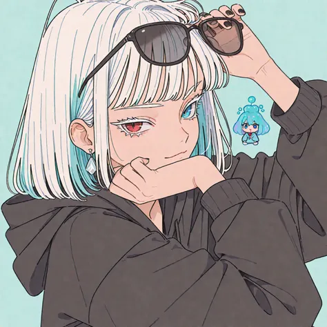 ((solo, anime))、((womanhood)), viewers, laughs happily, long white hair, gradation hair tips are turquoise blue, side hair arrangement、Put your hair together on the right、((Heterochromia, my left and right eyes are different colors、Red Eyes, blue eyes)), (...