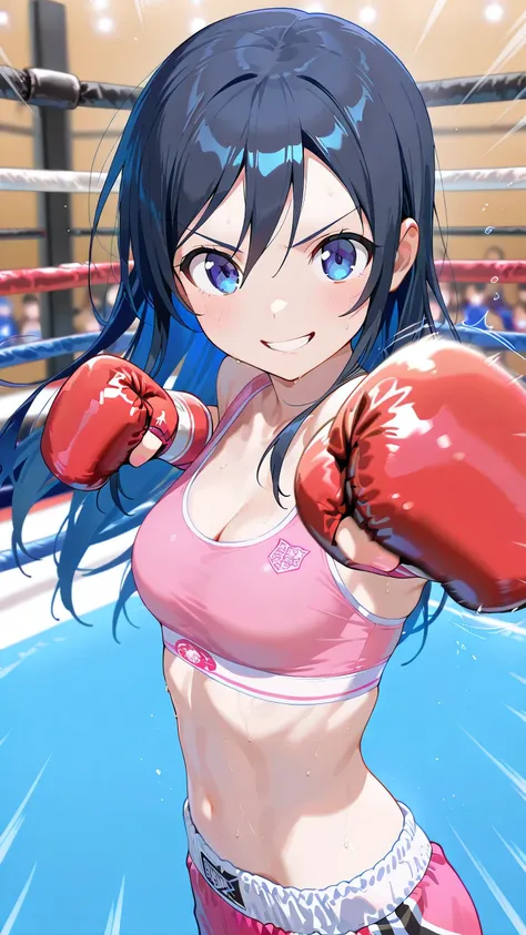 ayase aragaki, long hair, blue eyes, black hair, solo, pink and white sports bra, pink and white low leg cut spats, pink fingerless gloves, cleavage, medium breast, serious grin, looking at viewer, Detailed eyes, Detailed face, [toned stomach], (boxing wit...