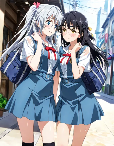((ultra-detailed)), (highly detailed CG illustration), (best quality:1.2), ultra-highly detailed, colorful composition, artistic photoshoot, 2girls, duo focus, Yuri:1.3, side by side, shoulder-to-shoulder:1.4, side-by-side, moe anime character, round face,...