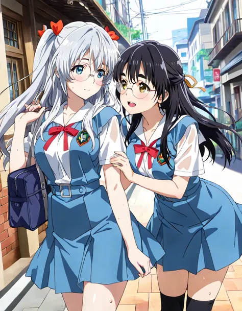 ((ultra-detailed)), (highly detailed CG illustration), (best quality:1.2), ultra-highly detailed, colorful composition, artistic photoshoot, 2girls, duo focus, Yuri:1.3, side by side, shoulder-to-shoulder:1.4, side-by-side, moe anime character, round face,...