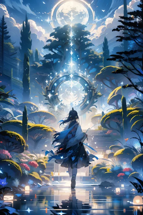  On a blue moonlit night, 　Beyond the forest, 　 I gaze upon the lake where the moon is reflected.　 I heal my fatigue. 　 I go through the maze of time. 　with my wishes　4k