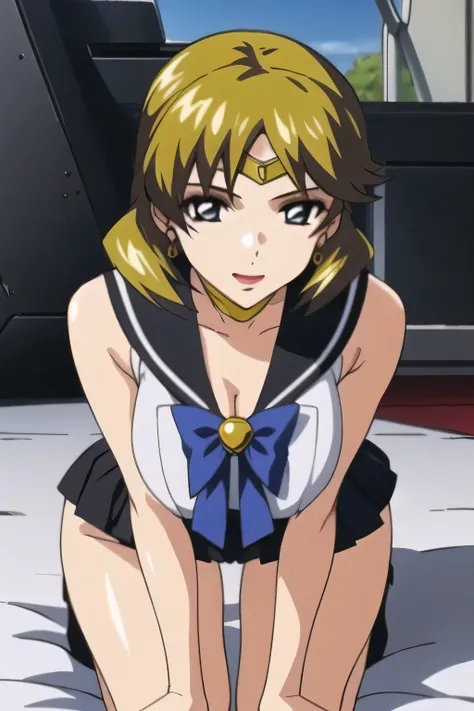  The animated CG,can you draw a woman in a Sailor Moon costume,I'm at an outdoor pool facility,please become blonde with twin tail hair，wavy hair with an elegant look，white sleeveless costume,ピンクのプリーツmicro mini skirt,face down in bed,Beautiful legs,Even if...