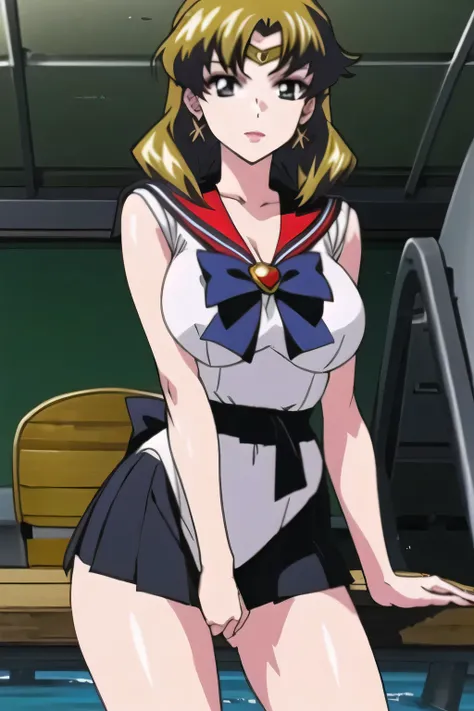 standing in the teacher's house,animated CG,can you draw a woman in a Sailor Moon costume,I'm at an outdoor pool facility,go blonde with twin tail hair,Graceful looking wavy hair,can you draw a woman in a Sailor Moon costume {x} have a thin waist with a w...