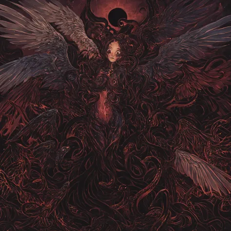 high quality, dark art, Surrealism, female chimera angel, writhing snakes instead of a head, many pairs of curved wings, tentacles sprout from the torso, tentacles open all over the body, scaly skin, snake eyes , distorted anatomy, dark aura, cosmic chaos ...