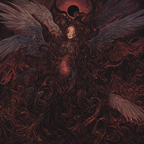 high quality, dark art, Surrealism, female chimera angel, writhing snakes instead of a head, many pairs of curved wings, tentacles sprout from the torso, tentacles open all over the body, scaly skin, snake eyes , distorted anatomy, dark aura, cosmic chaos ...
