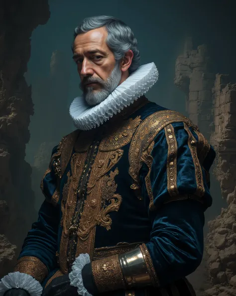 The great Philip II of Spain, dressed in the elaborate and intricately embroidered attire of a 17th century Spanish nobleman. His iconic mustache and beard, now gray, frame a face marked by age and wisdom. A dark velvet suede, lined with gold thread, he wr...