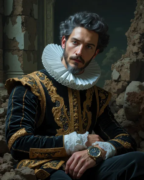 Close-up of The Great Philip II of Spain, dressed in the elaborate and intricately embroidered attire of a 17th century Spanish nobleman. His iconic mustache and beard, now gray, frame a face marked by age and wisdom. A dark velvet suede, lined with gold t...