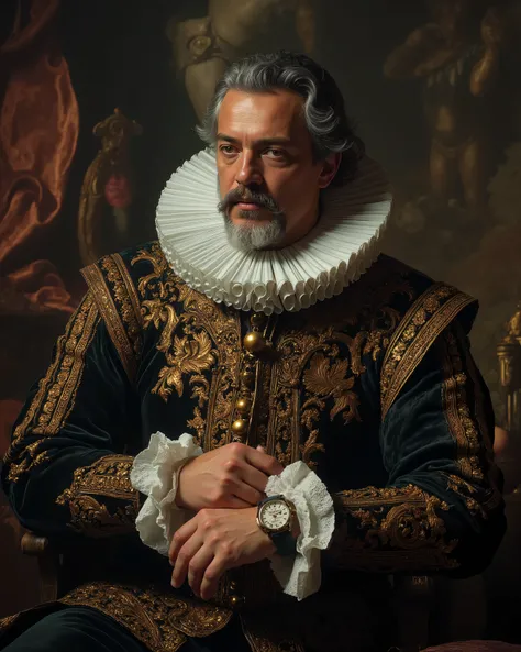 Close-up of The Great Philip II of Spain, dressed in the elaborate and intricately embroidered attire of a 17th century Spanish nobleman. His iconic mustache and beard, now gray, frame a face marked by age and wisdom. A dark velvet suede, lined with gold t...
