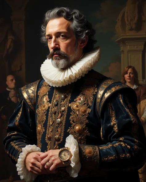 Close-up of The Great Philip II of Spain, dressed in the elaborate and intricately embroidered attire of a 17th century Spanish nobleman. His iconic mustache and beard, now gray, frame a face marked by age and wisdom. A dark velvet suede, lined with gold t...