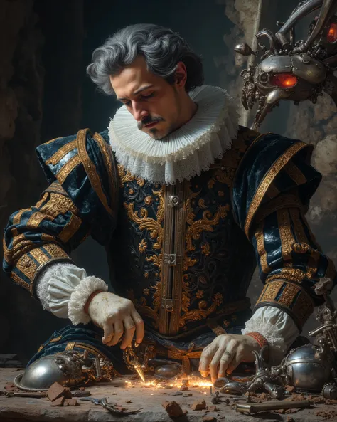 Miguel de Cervantes pillow fight under a machine in the workshop, dressed in the elaborate and intricately embroidered attire of a 17th century Spanish nobleman. His iconic mustache and beard, now gray, frame a face marked by age and wisdom. A dark velvet ...
