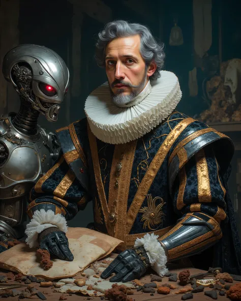 Miguel de Cervantes pillow fight under a machine in the workshop, dressed in the elaborate and intricately embroidered attire of a 17th century Spanish nobleman. His iconic mustache and beard, now gray, frame a face marked by age and wisdom. A dark velvet ...
