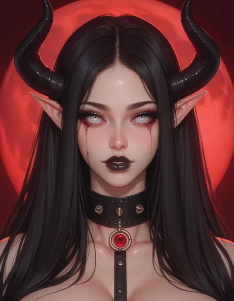(Highres), (Masterpiece), (18k), (red moon background), a beautifully detailed woman, 35 years of age, black demon horns, black demon tail, (very long flowing black hair), all white eyes, black eye shadow, black eyeliner, long black eye lashes, defined pie...