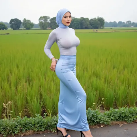 Single beautiful asian women, wearing light blue hijab, gray turtleneck, light blue satin maxi pencil skirt, long tight pencil skirt, skirt tighten her legs, high heels, no hair exposed, hand behind her back, (hands tied behind back), tied up with rope, se...