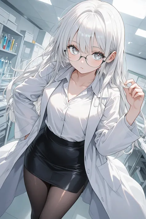 1 woman with long, shiny white hair, loose hair, long hair, gray eyes, crystal eyes, long white coat, lab coat, white shirt, black miniskirt, black stockings, square glasses, transparent glasses, lab room, tall woman, medium chest