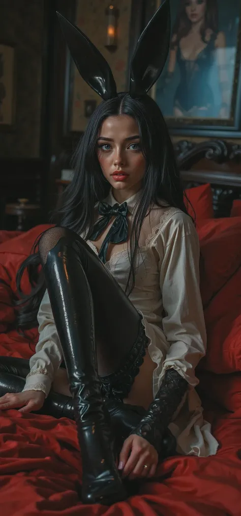   exists,  Exposed Rabbit Costume , Reversed Bunny suit,  big blue eyes, darkroom,( skinny curvy hourglass body ),  heavy make up, loncg thick eyelashes, red lips, pink rouge,,round face,   lean forward,   I sweated,   face  ,   orgasm、  wet  oily skin 、  ...