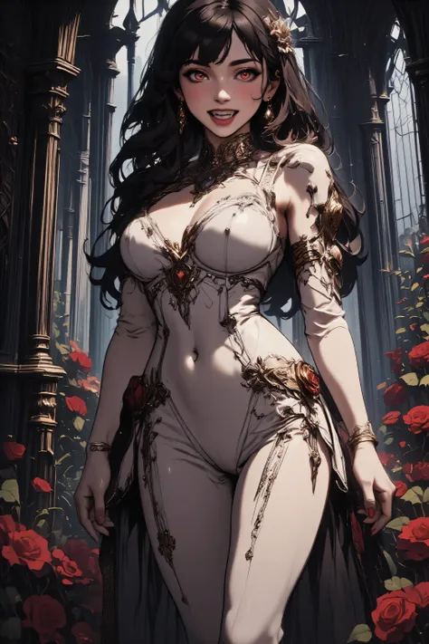 Dracula,03hyp3rd3tail style,w1n,zavy-ctcmcs,a picture of a female vampire (intense details, Masterpiece, best quality), elegant, glam, fantasy white leather dress, with rose patterns, high heels boots dynamic clothing, an ultra wide shot, full body (intens...