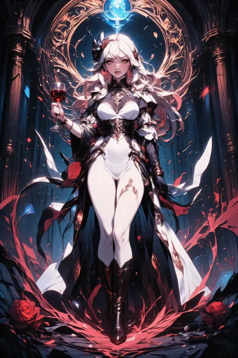 fangs,hyp3rd3tail style,w1n,zavy-ctcmcs,a picture of a female vampire (intense details, Masterpiece, best quality), holding a glass of wine, elegant, glam, fantasy, white leather dress, with rose patterns, high heels boots dynamic clothing, an ultra wide s...