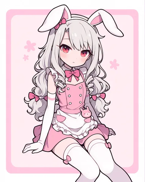 Anime girl inspired by Illyasviel von Einzbern wearing a cute bunny café uniform, stylized in soft shojo anime illustration, pastel pink and white short dress with ribbons and frills, bunny ears headband, long silver hair tied in soft curls, white gloves a...