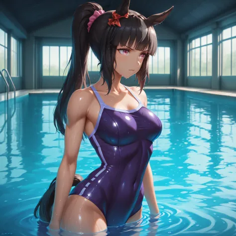 anime, lazypos, masterpiece, best quality, amazing quality, indoor pool, 1girl, solo, Ashley, horse girl, tall girl, toned body, pink eyes, black hair, dark, Ponytail, straight hair, tracen swimsuit, swimsuit, bare shoulders, sleeveless, determined, medium...