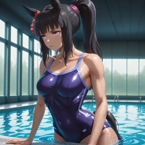 anime, lazypos, masterpiece, best quality, amazing quality, indoor pool, 1girl, solo, Ashley, horse girl, tall girl, toned body, pink eyes, black hair, dark, Ponytail, straight hair, tracen swimsuit, swimsuit, bare shoulders, sleeveless, determined, medium...