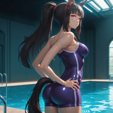 anime, lazypos, masterpiece, best quality, amazing quality, indoor pool, 1girl, solo, side view, looking back at viewer, Ashley, horse girl, tall girl, toned body, pink eyes, black hair, dark, Ponytail, straight hair, tracen swimsuit, swimsuit, bare should...