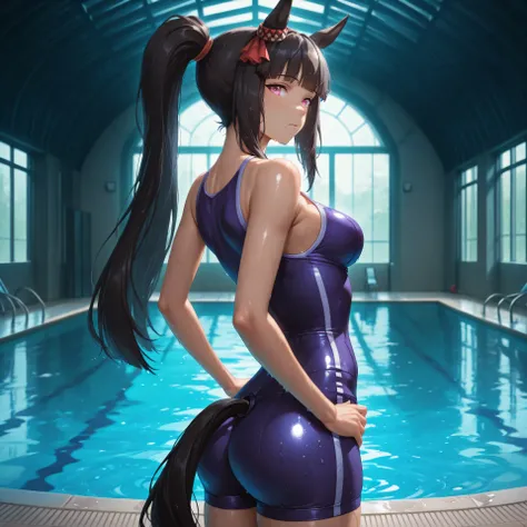 anime, lazypos, masterpiece, best quality, amazing quality, indoor pool, 1girl, solo, side view, looking back at viewer, Ashley, horse girl, tall girl, toned body, pink eyes, black hair, dark, Ponytail, straight hair, tracen swimsuit, swimsuit, bare should...