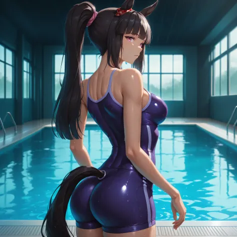 anime, lazypos, masterpiece, best quality, amazing quality, indoor pool, 1girl, solo, side view, looking back at viewer, Ashley, horse girl, tall girl, toned body, pink eyes, black hair, dark, Ponytail, straight hair, tracen swimsuit, swimsuit, bare should...